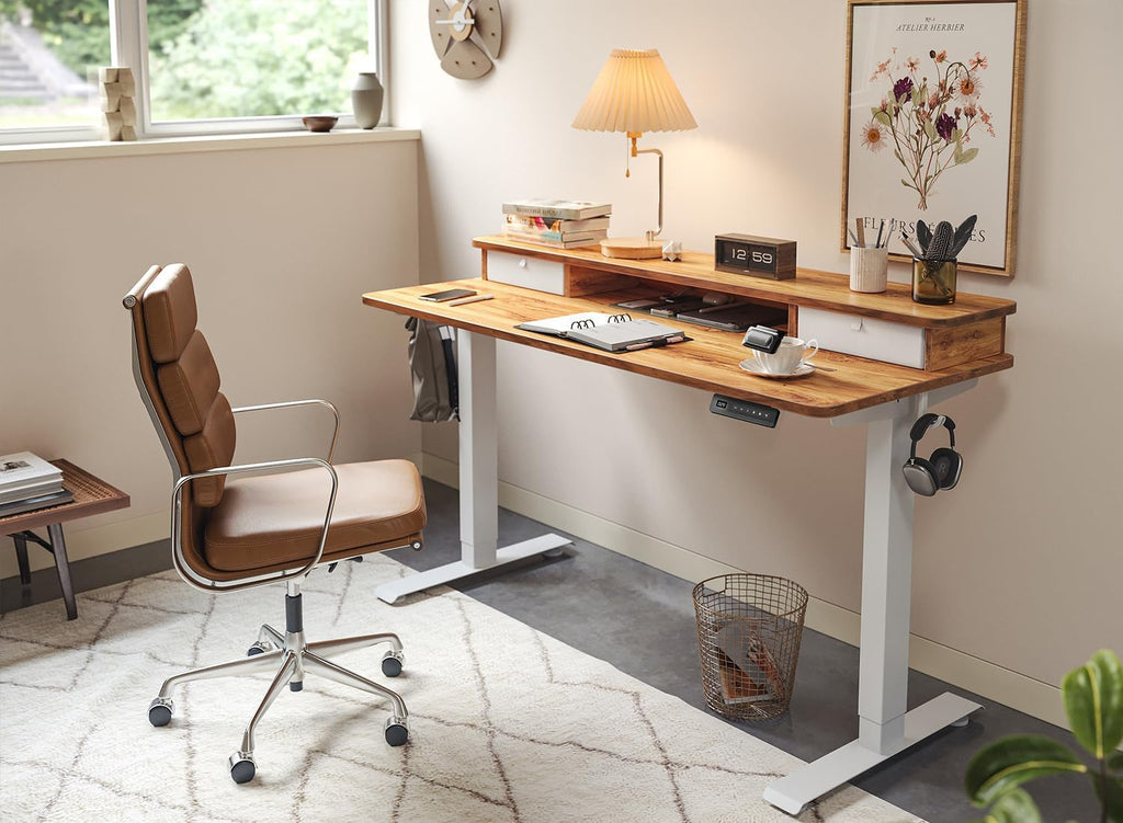 40 X 24 Inch Height Adjustable Electric Standing Desk with Double Drawer, Computer Desk, Home Office Stand up Table with 4 Height-Adjustable Feets & 2 Hooks, Light Rustic