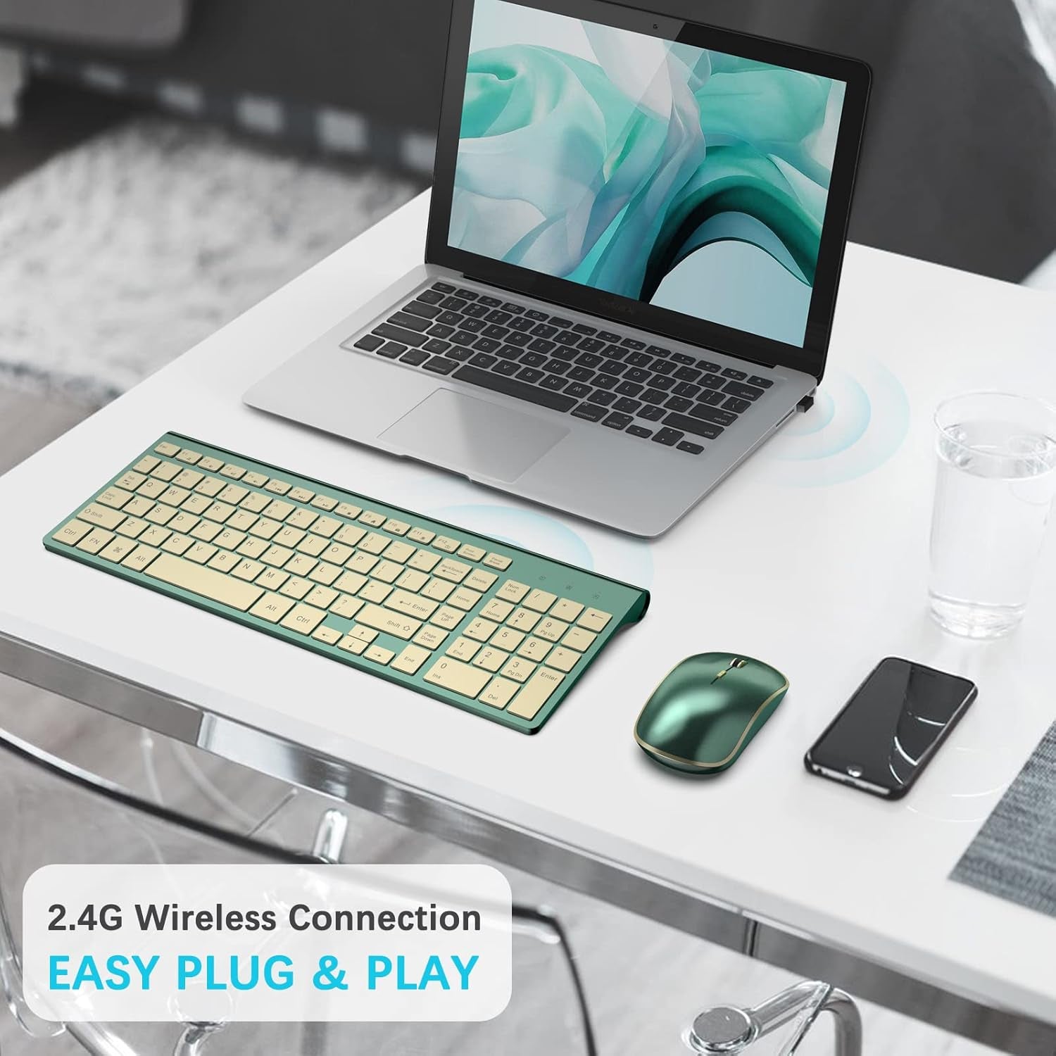 Wireless Keyboard and Mouse Combo,2.4G Compact and Quiet Wireless Keyboard,Ergonomic and Portable Design for Computer, Windows,Desktop, PC, Laptop-Cangling Green