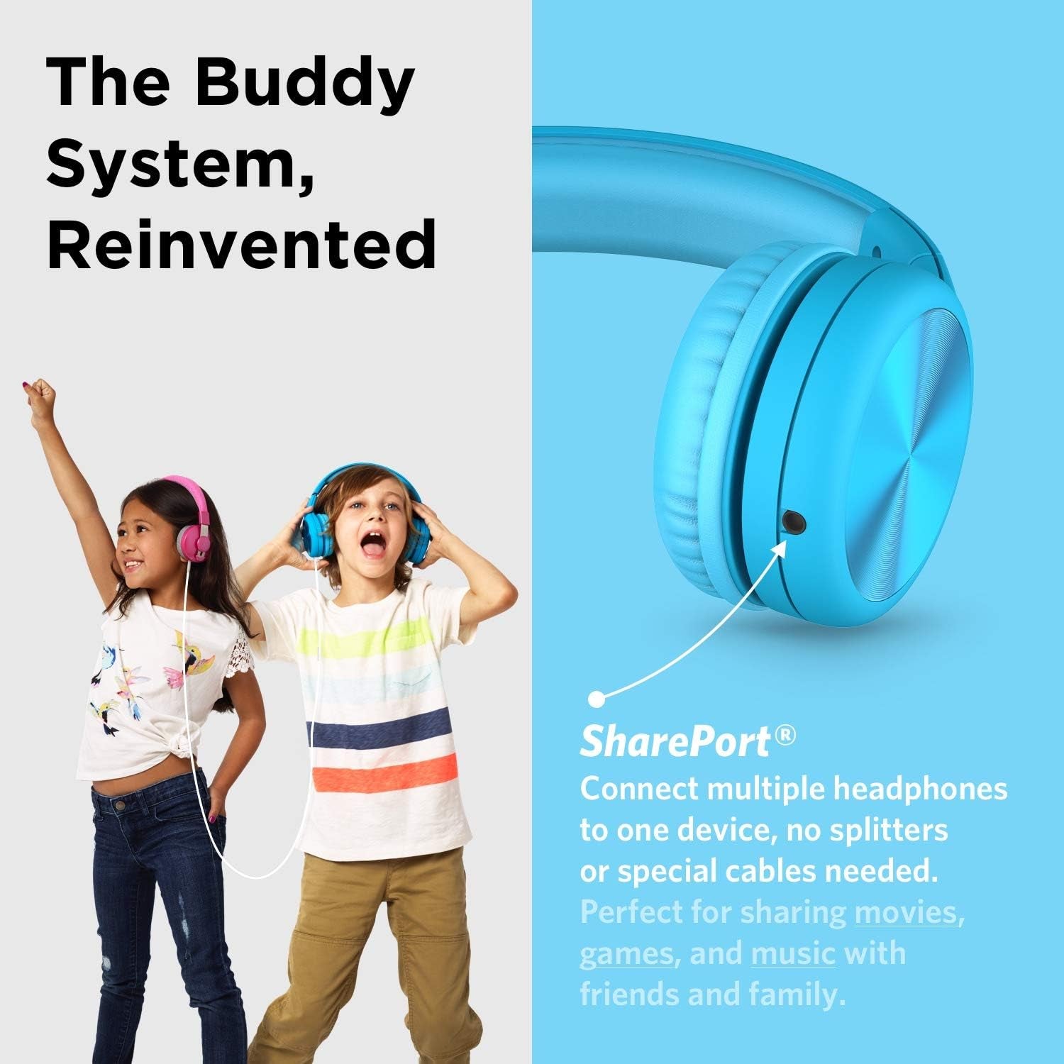 Connect+ Pro Kids Headphones for School - Blue Over-Ear, Wired, Volume-Limiting - Kids Wired Headphones with Microphone, Passive Noise Reduction & Shareport for Shared Listening