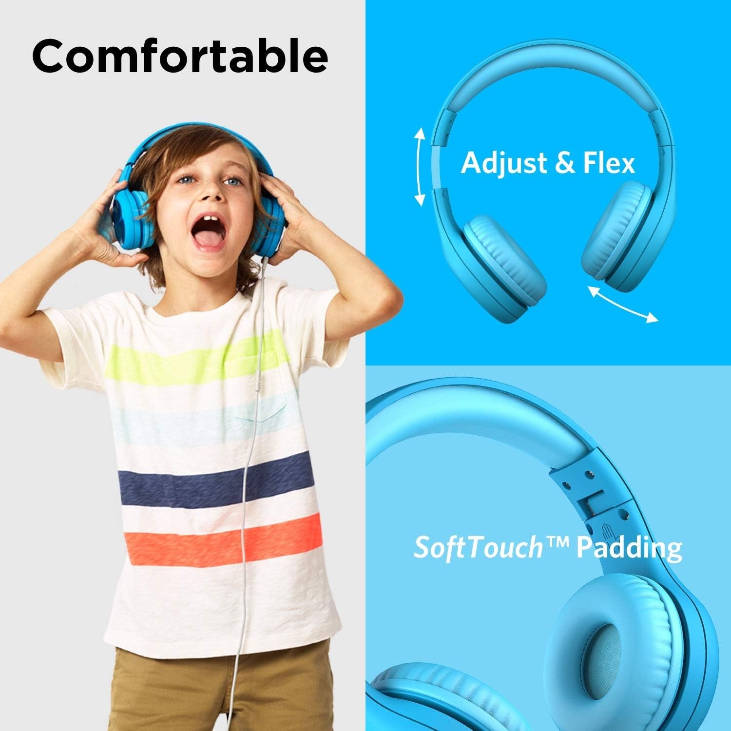 Connect+ Pro Kids Headphones for School - Blue Over-Ear, Wired, Volume-Limiting - Kids Wired Headphones with Microphone, Passive Noise Reduction & Shareport for Shared Listening